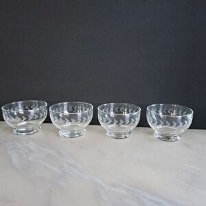 Clear Glass‎ Dessert Bowls Set Of 4 Etched Butterfly Design Footed Dishes